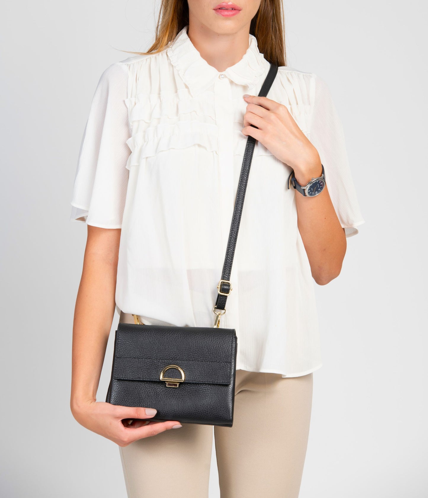 Sabrina Black Crossbody Italian Leather Handbag from LA LUPA / Model wears bag across body
