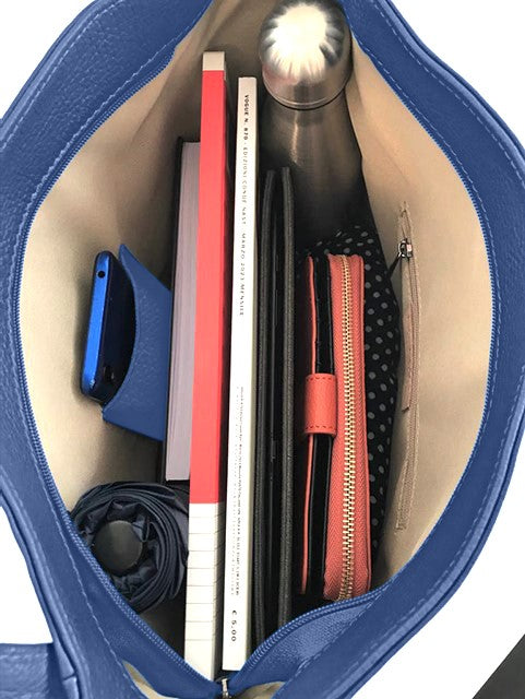 Lucia Blue Tote Italian Leather Handbag from LA LUPA / Inside View