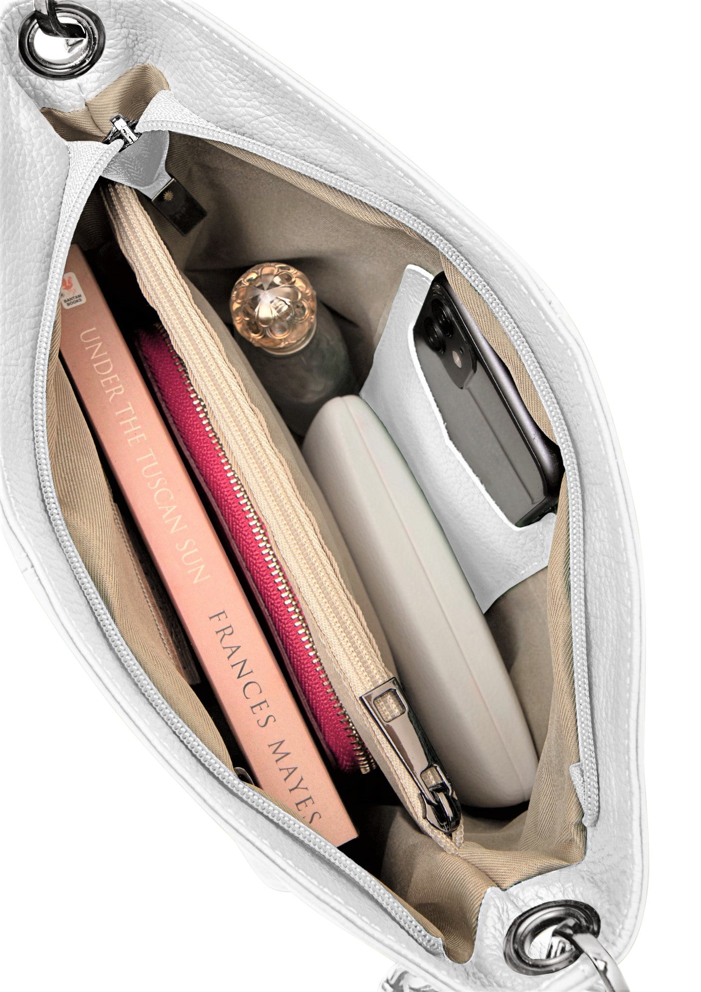 Lola Petite White Crossbody Italian Leather Handbag from LA LUPA / Inside View