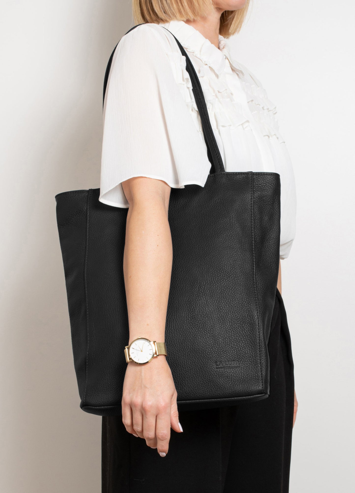 Luna Black Tote Italian Leather Handbag from LA LUPA / Model wears back on shoulder