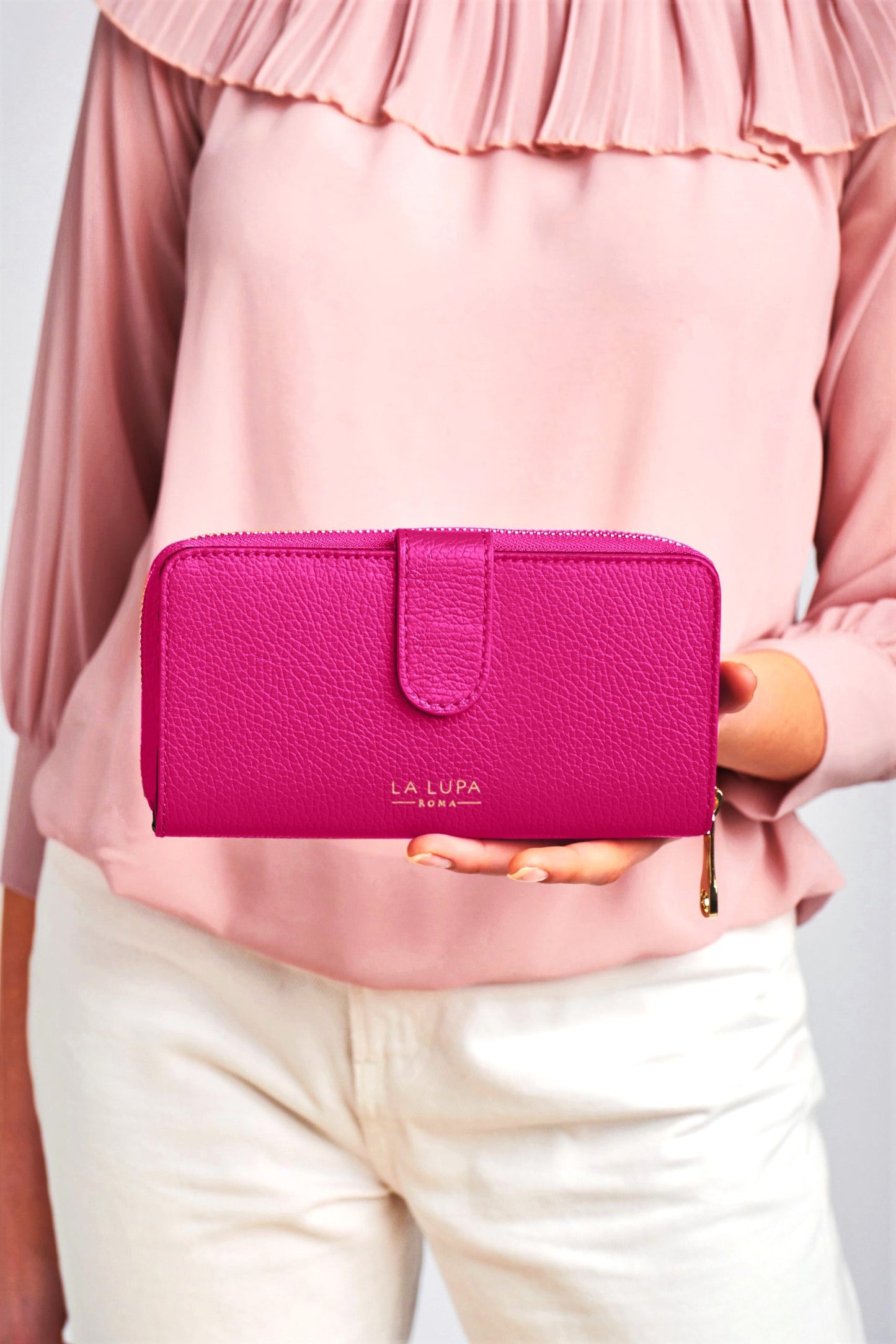 Eva Large Pink Italian Leather wallet by LA LUPA