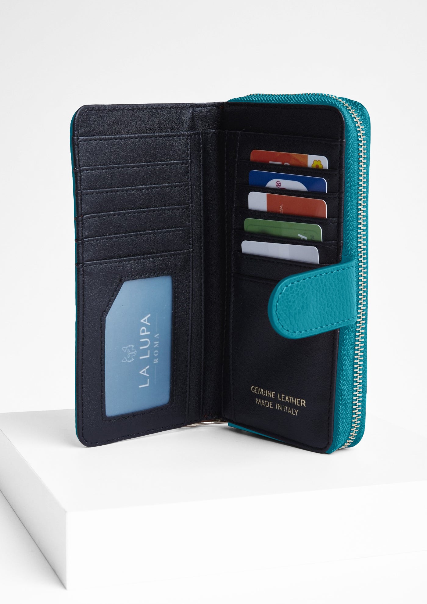 Eva Large Turquoise Italian Leather wallet by LA LUPA / Inside View Card Slot