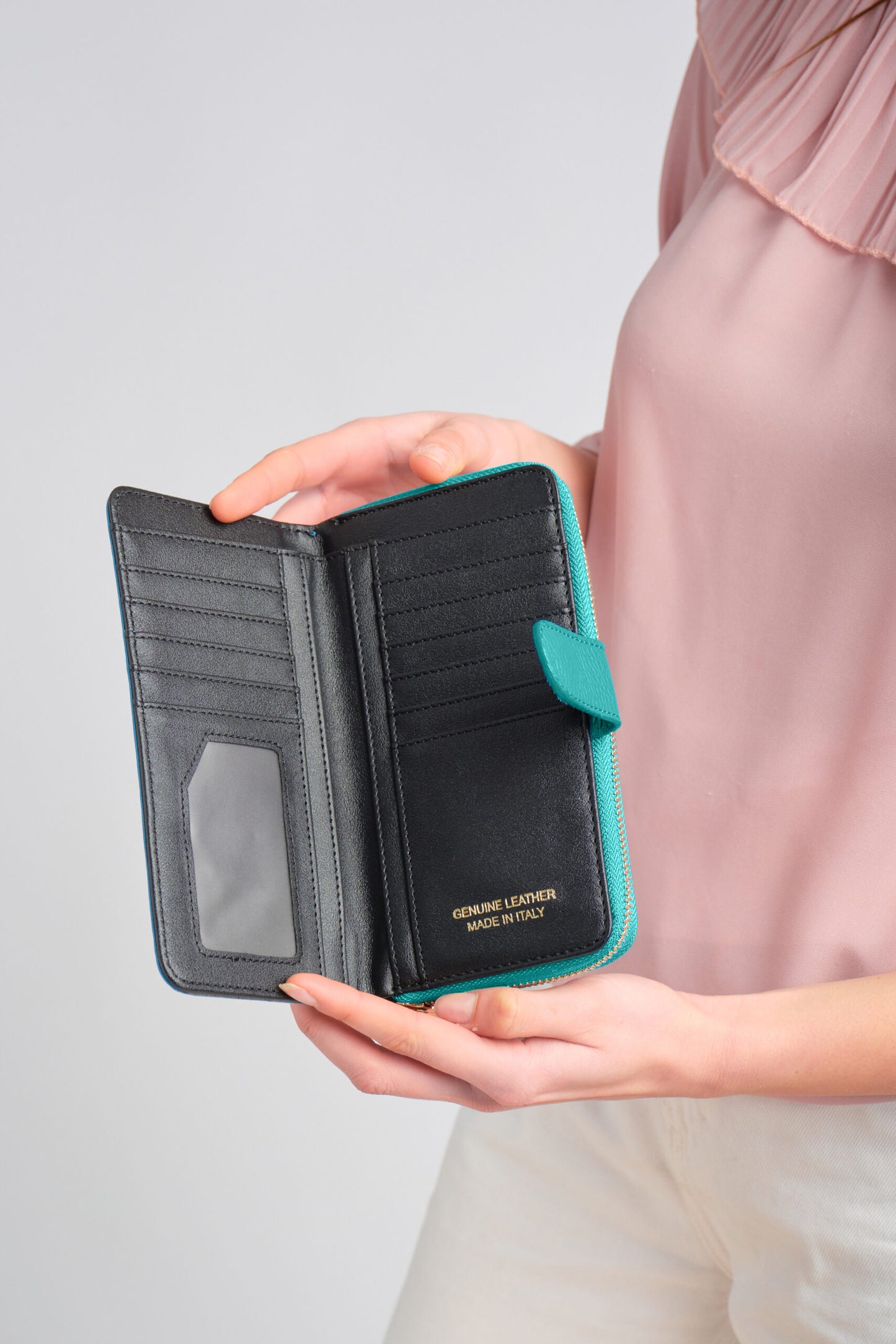 Eva Large Turquoise Italian Leather wallet by LA LUPA / Inside View Card Slot