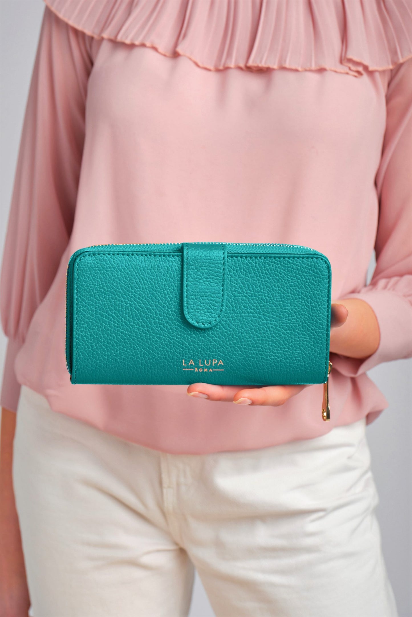 Eva Large Turquoise Italian Leather wallet by LA LUPA