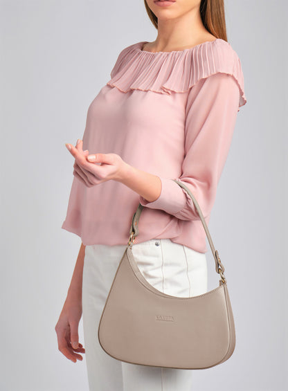 Sienna Sand Italian Leather Handbag from LA LUPA / Model wears bag on arm