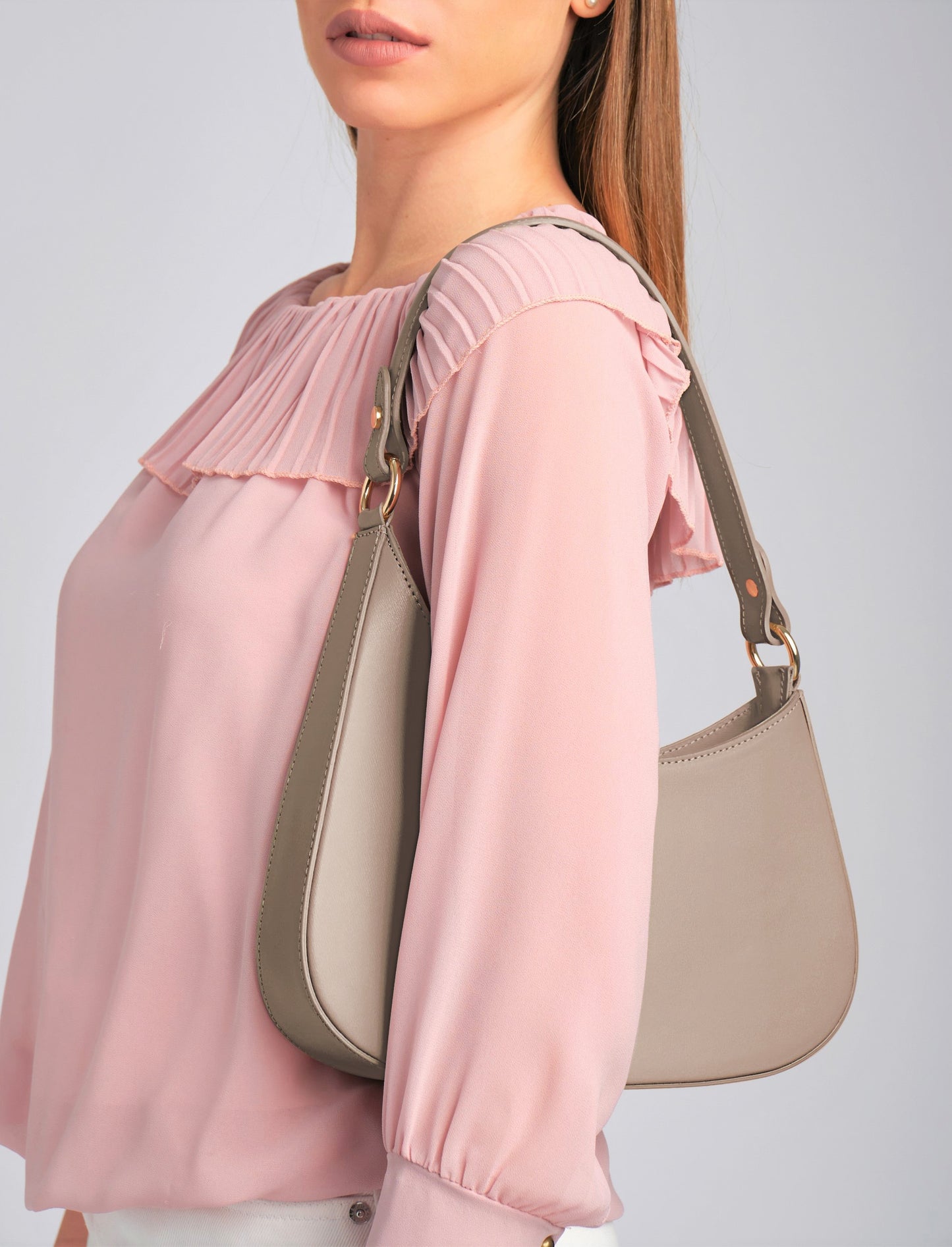 Sienna Sand Italian Leather Handbag from LA LUPA / Model wears bag on shoulder